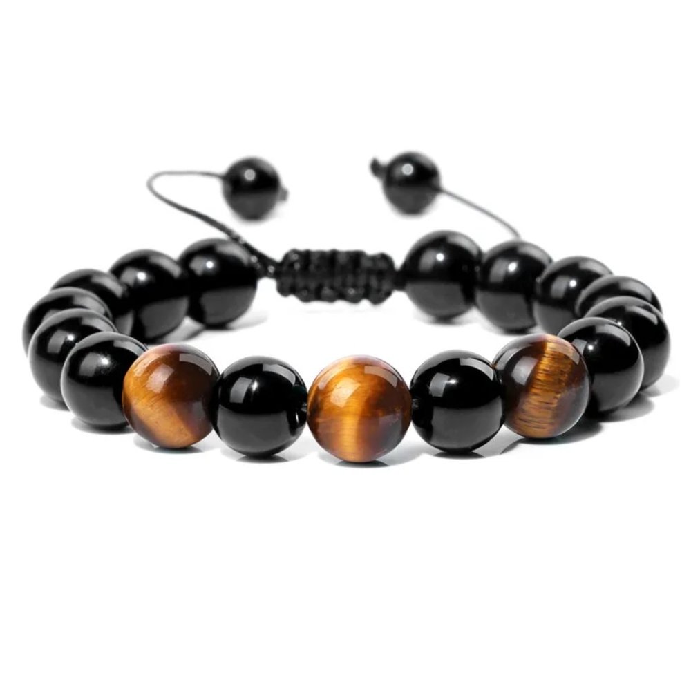 10mm Black Natural Stone & Brown Tiger's Eye Beaded Adjustable Rope Bracelet NEW